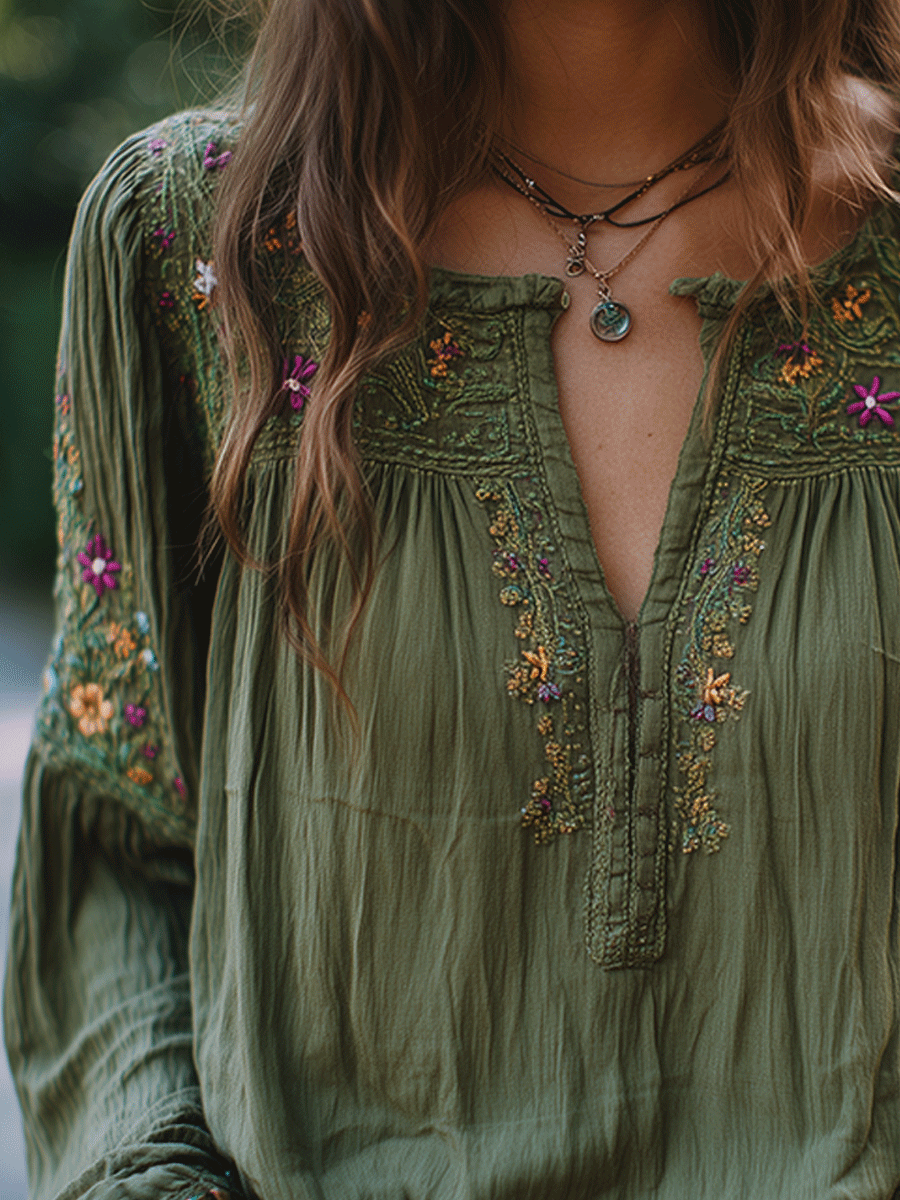 Bohemian Cotton Olive Green Shirt