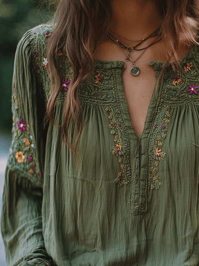 Bohemian Cotton Olive Green Shirt