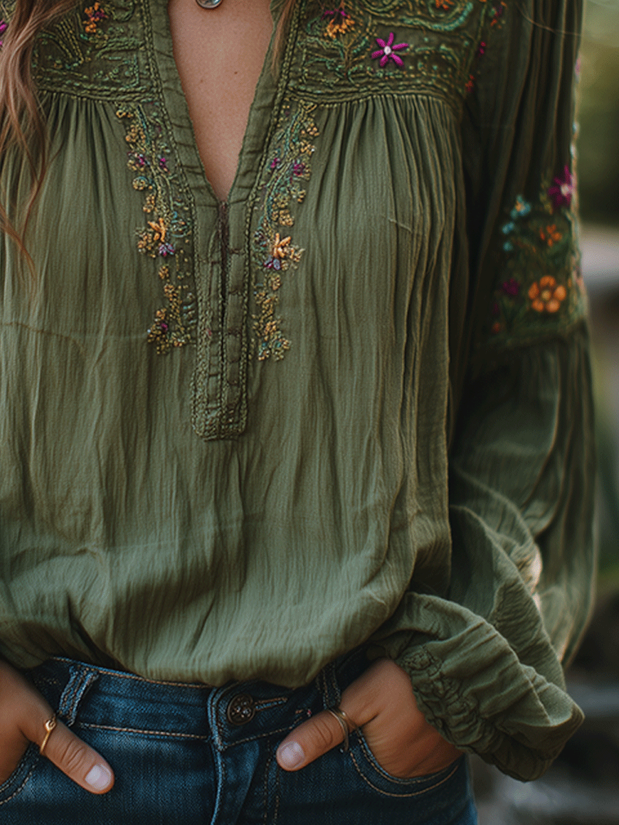 Bohemian Cotton Olive Green Shirt
