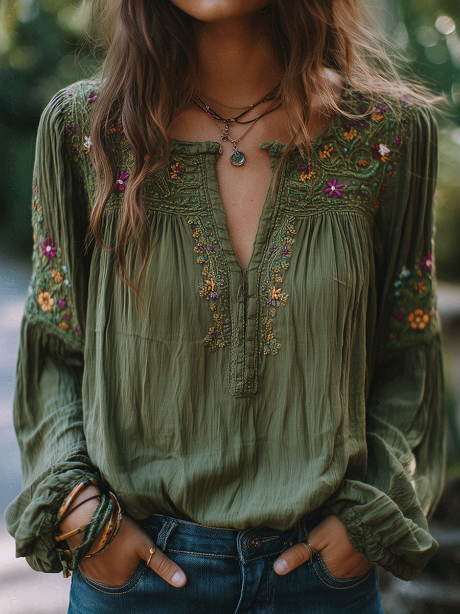 Bohemian Cotton Olive Green Shirt